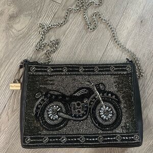Mary Frances Full Throttle Crossbody Motorcycle Black Beaded Handbag Purse